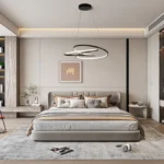 The pendant light suspended in a staircase, casting a soft gradient of light on the wooden steps and a white wall, with