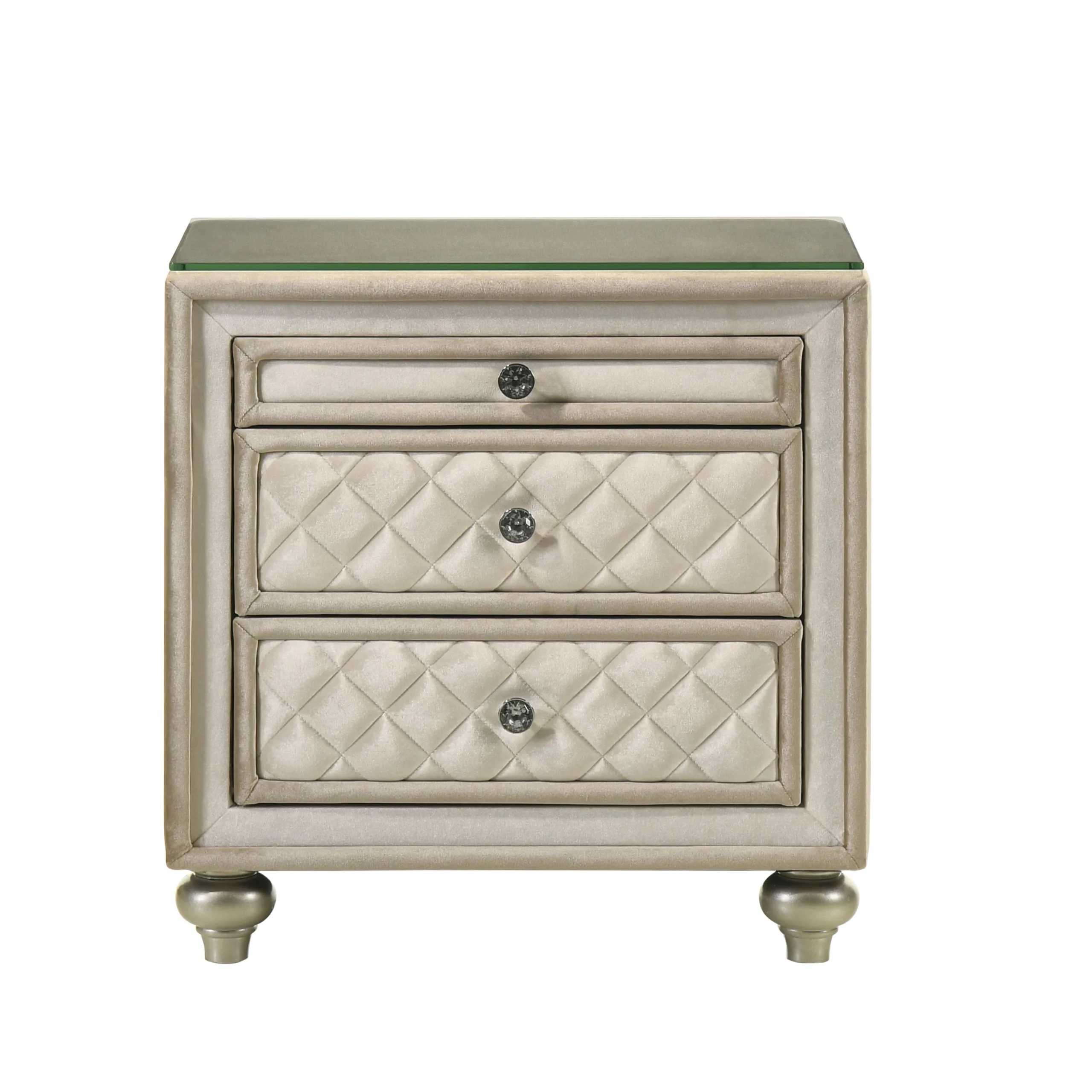 Goldoma Beige 2-Drawer Nightstand with Quilted Design and Glass Top