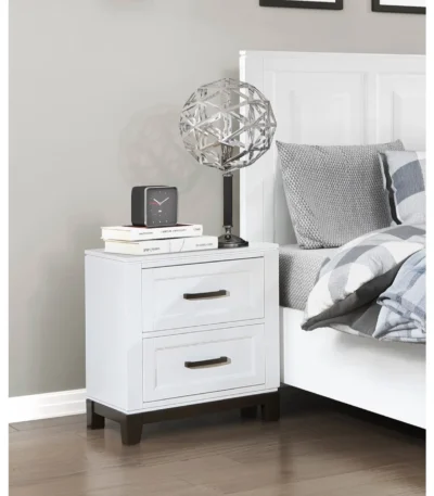 White nightstand with drawers – minimalist wooden bedside table with two storage drawers