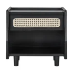 Black nightstand with rattan drawer detail and open shelf in a modern bedroom