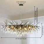 Modern black crystal chandelier with tree branch design in a living room