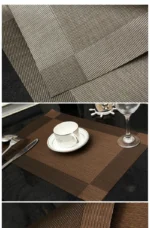 Gold weave placemats on a dining table with plates and cutlery