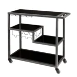 HMS Luxury Black Gray Glass Rolling Bar Cart Dining/Terrace Serving Trolley Wine Storage for Living Room Restaurant Metal Wood
