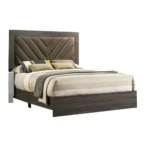 Modern queen size bed with gray V-design headboard and cream rubberwood frame