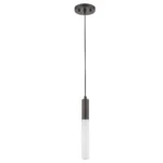 Close-up of the HMS small iron pendant light, bronze finish and frosted glass texture, warm glow against a dark