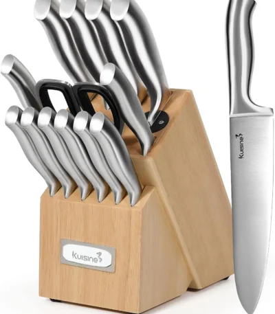 Kuisine 15-piece stainless steel knife set with natural wood block and built-in sharpener