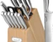 Kuisine 15-piece stainless steel knife set with natural wood block and built-in sharpener
