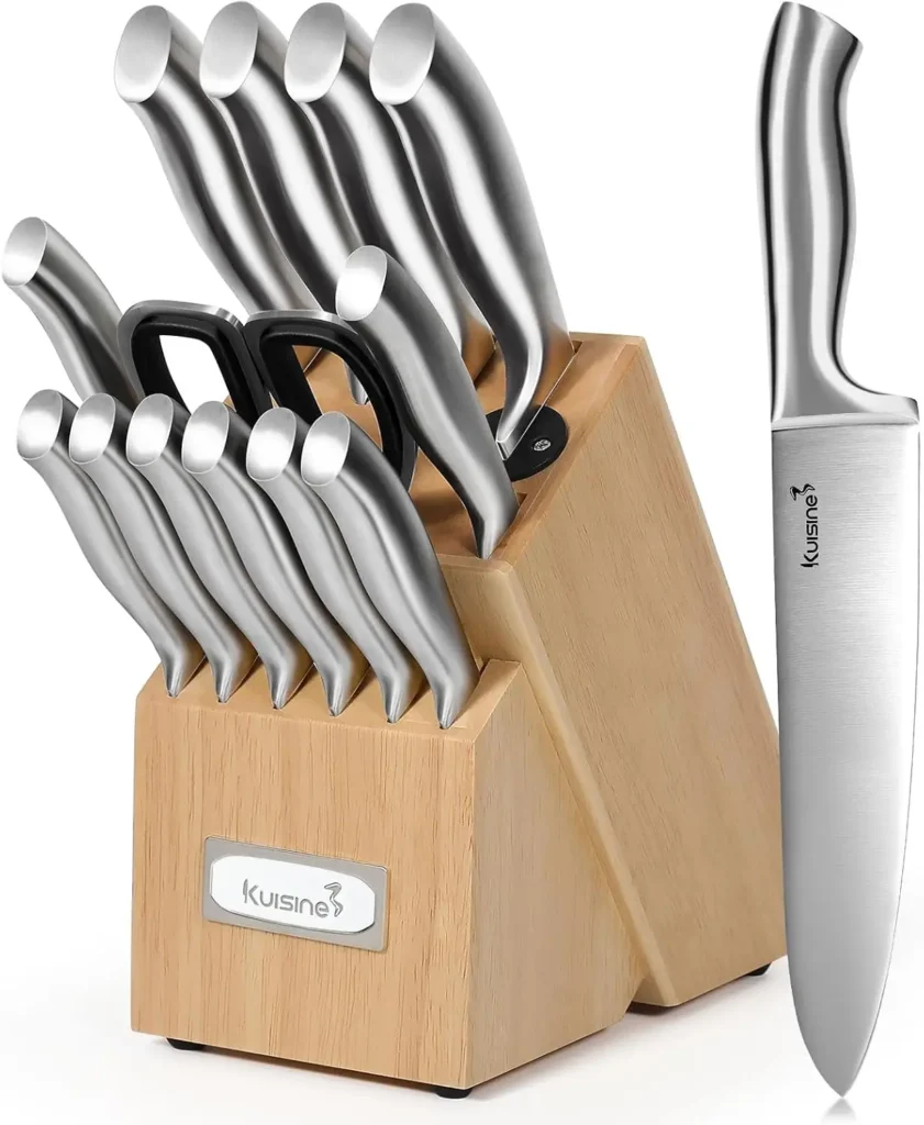 Kuisine 15-Piece Natural Wood Block Stainless Steel Kitchen Knife Set Professional Chef Knife Set With Built-In Sharpener