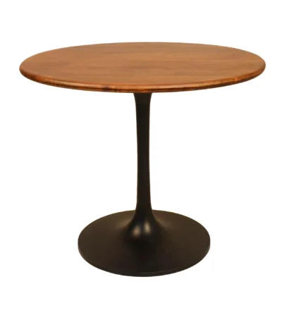 36 inch round pedestal dining table with solid wood top and black iron base - Goldoma