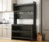 Modern dining buffet cabinet with metal shelves in a dining room setting