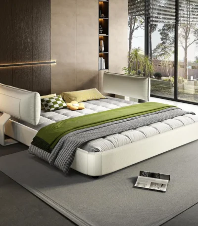 Goldoma King Size Cloud Bed Frame with oversized padded movable headboard in chenille upholstery