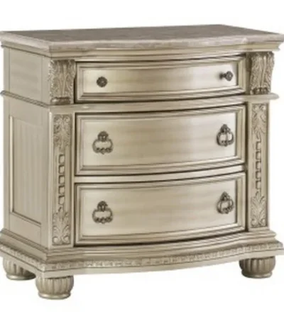 Goldoma modern nightstand with genuine marble top and three silver drawers in bedroom