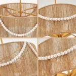 French Country Boho Chandelier, Rattan Hand Woven Drum Pendant Light with Wood Beads, Adjustable Coastal Pendant Lighting