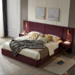 Goldoma velvet storage bed with channel tufted wingback headboard in blue, showing under-bed storage and wooden slats