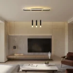 Side view of the 62W chandelier with black finish and acrylic globes, suspended from a ceiling.