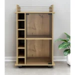 HMS 22" Brown Wood Rolling Bar Cart Metal Steel Serving Trolley with Wine Storage for Dining Living Room Hotel Restaurant