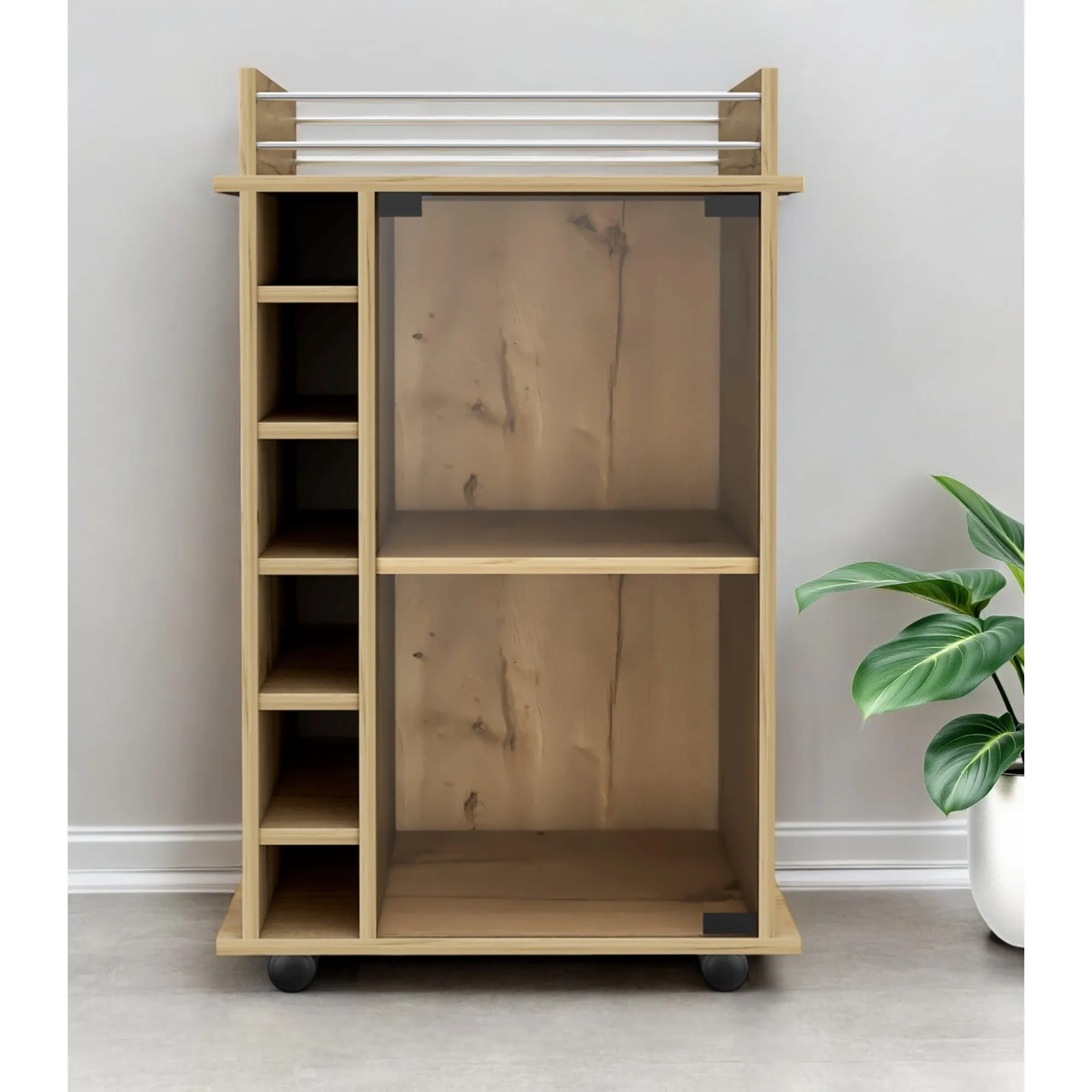 H84e241812fe049289ac74a7c8367d584a.webp Brown wood rolling bar cart with wine storage and metal shelves