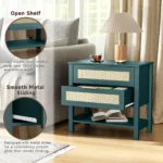 Rattan nightstand with 2 drawers and storage shelf in green finish, bohemian bedside table for bedroom