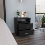 Napoles black nightstand with drawers in a modern bedroom setting