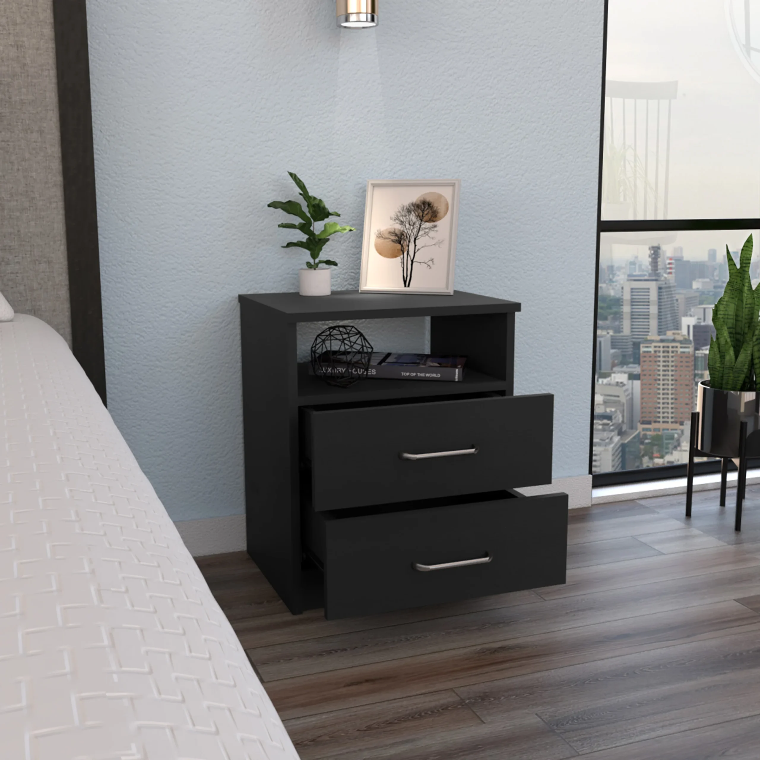 Napoles Black Nightstand with Two Drawers and Open Shelf