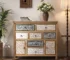 Vintage wooden dresser with 7 drawers and 2 cabinets in rustic multicolor carved finish
