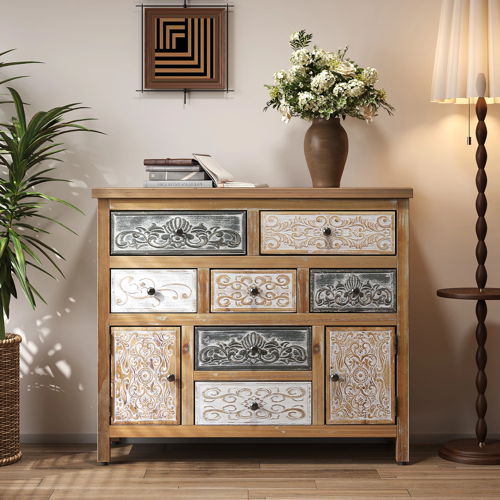 Vintage Wooden Accent Chest 7 Drawers 2 Cabinets - Rustic Multicolor Carved Storage Dresser Vintage Wooden Accent Chest 7 Drawers 2 Cabinets - Rustic Multicolor Carved Storage Dresser