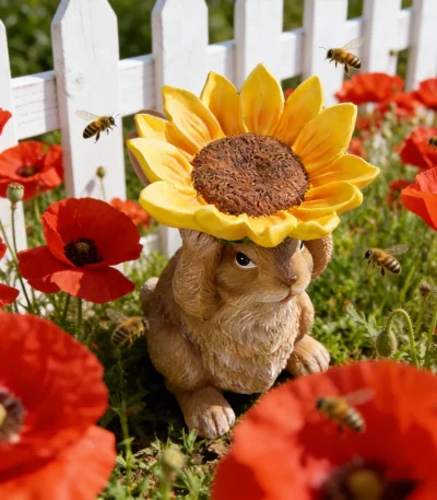 Sunflower hat bunny statue in garden setting with bird feeder detail
