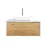White MDF floating vanity cabinet with single sink, angled view showing sleek handleless doors and countertop space.