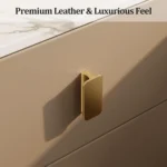 Beige leather narrow nightstand with drawers and stone top, perfect as a small bedside table