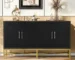 Modern buffet cabinet with four doors and metal legs in a dining room setting