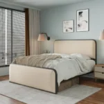 Goldoma king size upholstered platform bed with storage drawers and curved headboard in beige