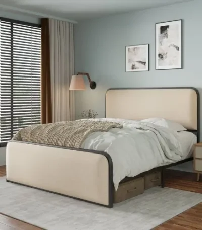 Goldoma king size upholstered platform bed with storage drawers and curved headboard in beige
