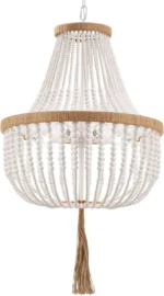 White Wood Beaded Farmhouse Tassel Chandelier, Boho Rustic Pendant Light for Bedroom Kitchen Island Dining Room – angled view