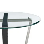 Round glass dining table with black iron sled base - 48 inch clear glass top, modern design, seats 4