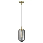 HMS farmhouse style pendant light in a living room corner, gold metal cage hanging from a black cord, warm light