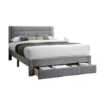 Goldoma queen storage bed with gray corduroy headboard and pine wood frame featuring under-bed drawers