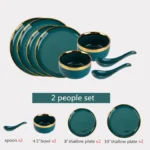 Green With Gold Inlay Quality Plates Full Set Luxury Steak Food Tray Ceramic Dinner Dish Salad Bowl Spoon Porcelain