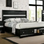 Modern king bed with storage drawers and adjustable panel headboard in bedroom
