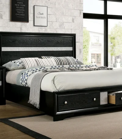 Modern king bed with storage drawers and adjustable panel headboard in bedroom