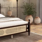 Goldoma king size wooden bed frame with rattan headboard and footboard, central support platform, no box spring needed
