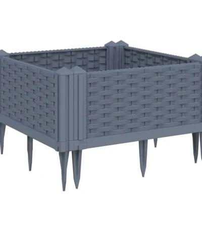 Blue grey polypropylene medium garden planter with flowers on patio