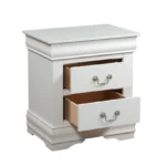 Traditional White 2-Drawer Nightstand with drawers open showing wooden bedroom furniture