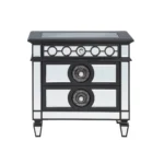 Black mirrored nightstand with 2 drawers sitting beside a bed in a glam luxury bedroom, featuring a glossy wood finish and reflective mirrored accents.
