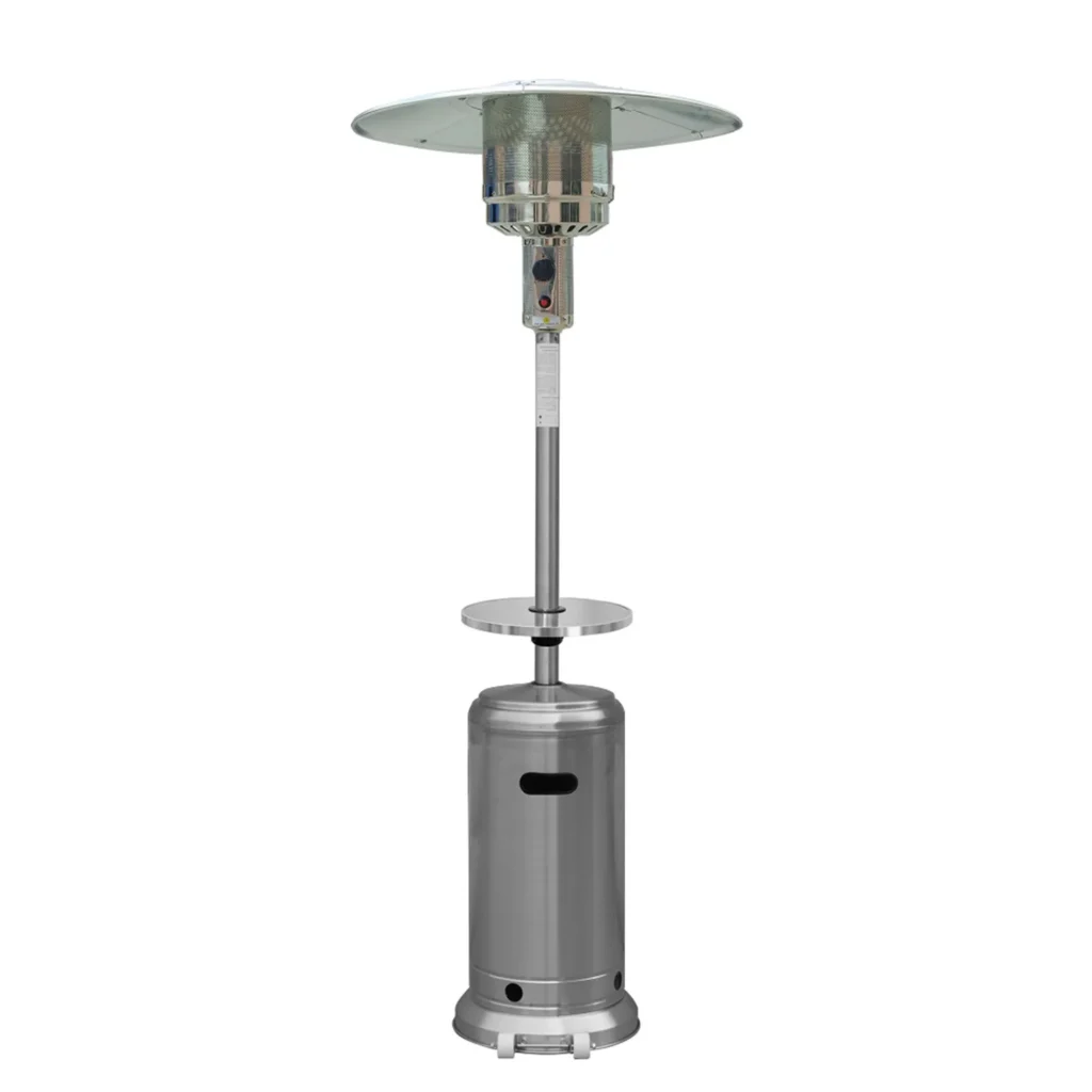 Silver steel propane patio heater with mushroom shape standing on patio