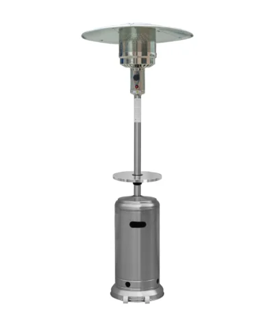 Silver steel propane patio heater with mushroom shape standing on patio