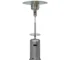 Silver steel propane patio heater with mushroom shape standing on patio