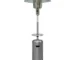 Silver steel propane patio heater with mushroom shape standing on patio