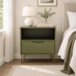 Olive green nightstand with drawer and open shelf featuring modern metal legs in a bedroom setting