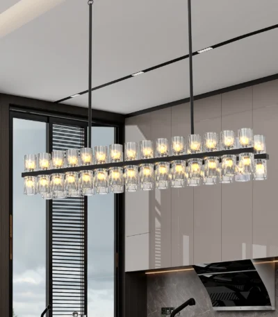 Goldoma 54-inch black rectangle G4 LED crystal chandelier hanging over a modern kitchen island