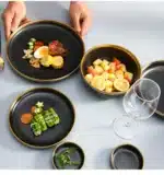 Gilt Rim Black Porcelain Dinner Plates Kitchen Dishes Ceramics Tableware Food Tray Rice Salad Noodles Bowl Cutlery Set